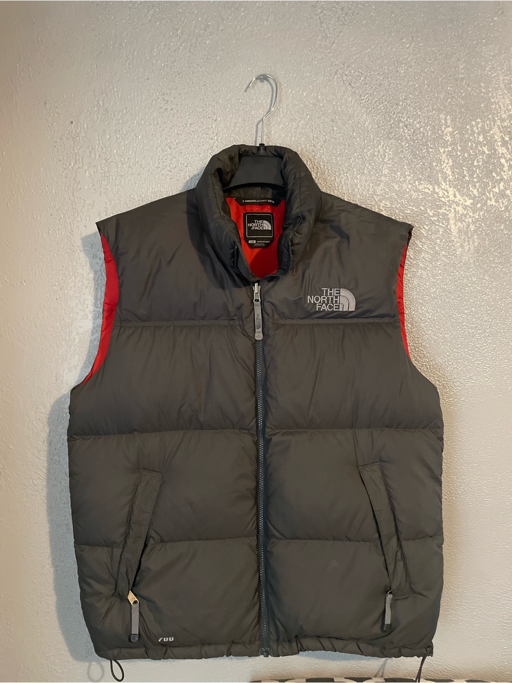 The North Face Men's Charcoal Puffer Vest with Red Trim